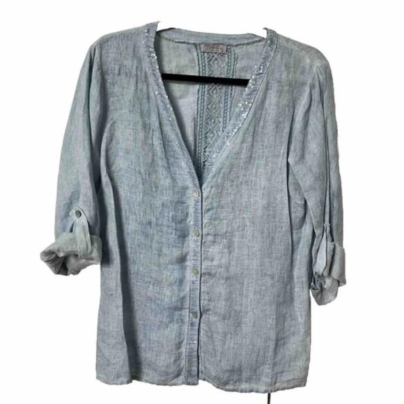 Bellambia Blue Sequin Linen Crochet Cutout Lace Detail Top Womens Small - Picture 1 of 5